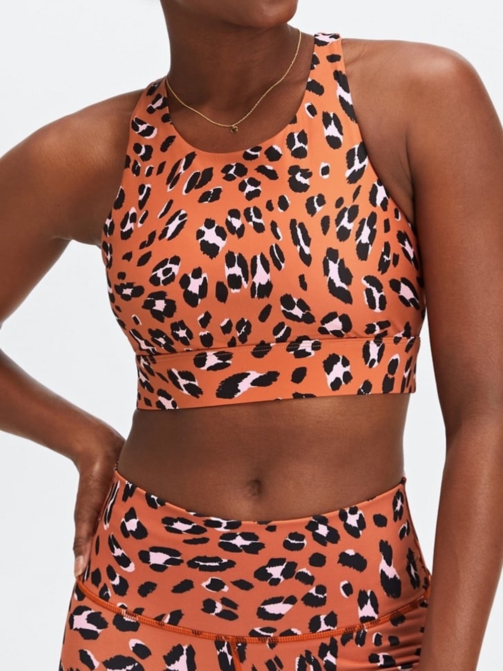 Fabletics Rust Leopard High-Neck Sports Bra with Pink & Black Spots NWT S
